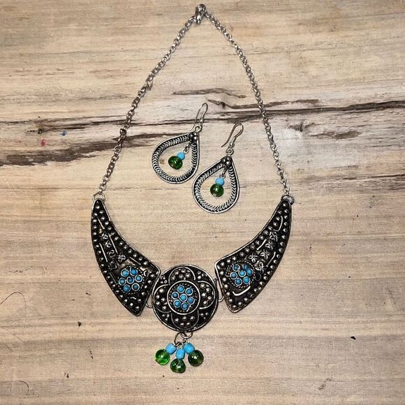 Antigua Silver Collar Turquoise Necklace & Earrings bohemian jewelry - Picture 1 of 8